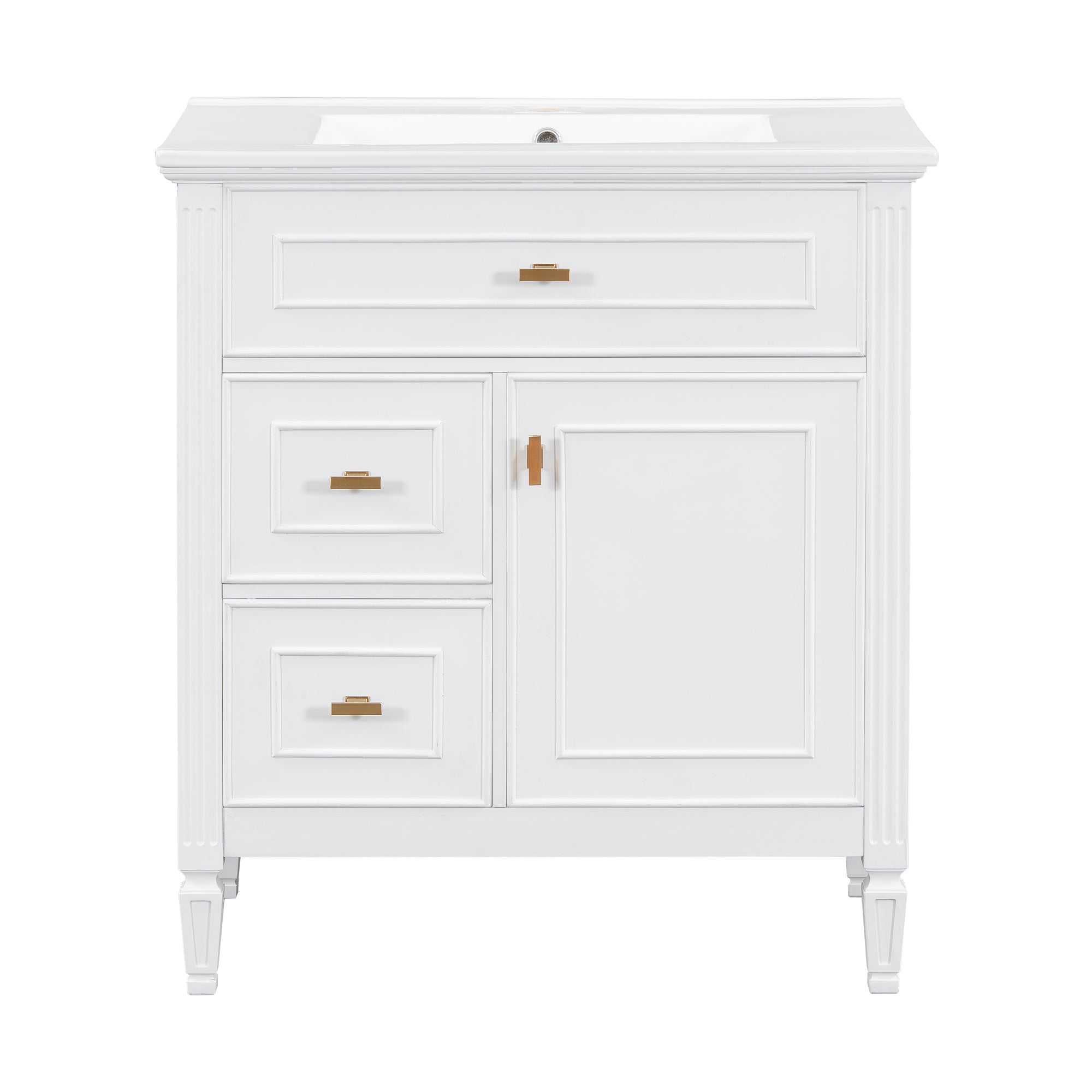 VanityFus 30-in White Bathroom Vanity Single Sink Combo Ceramic Top 1 door 3 drawers Undermount Adjustable Shelves